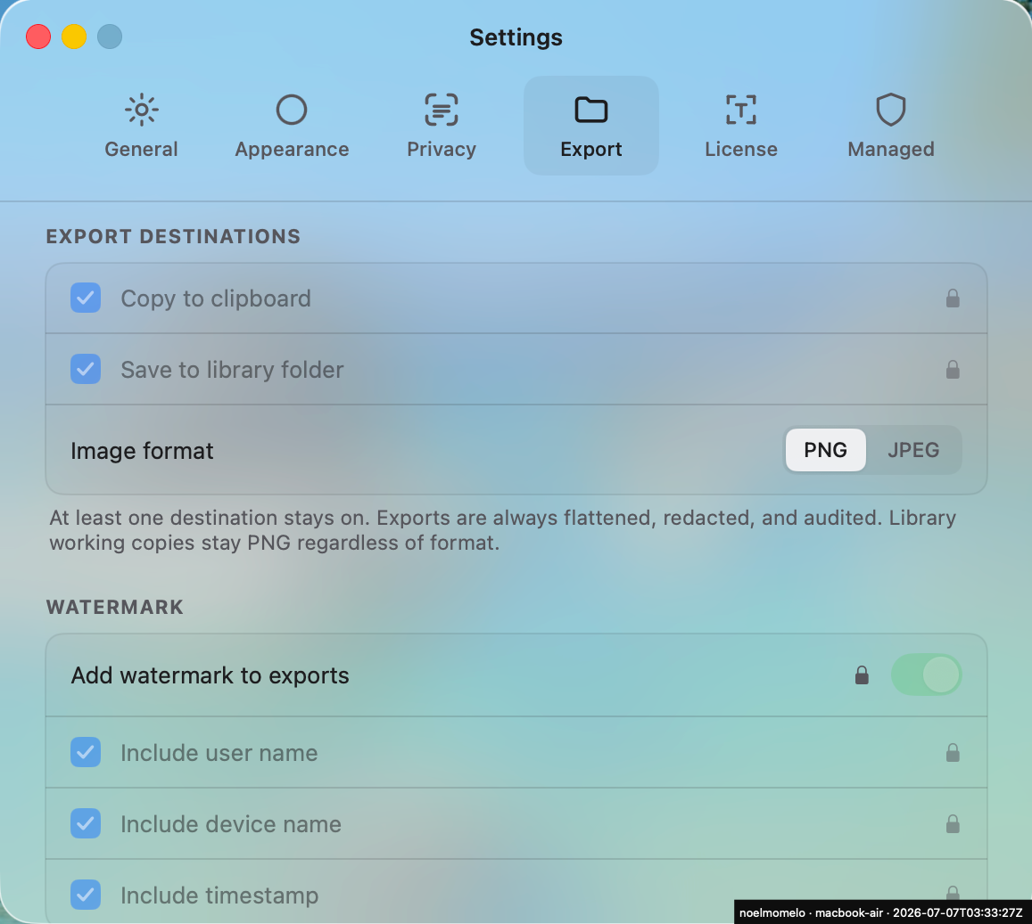 Export tab: locked destinations and watermark rows